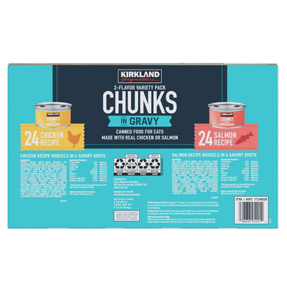 Canned cat food chunks in gravy with chicken
