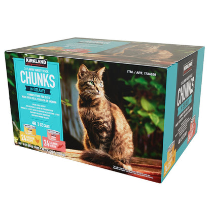 Canned cat food chunks in gravy with salmon