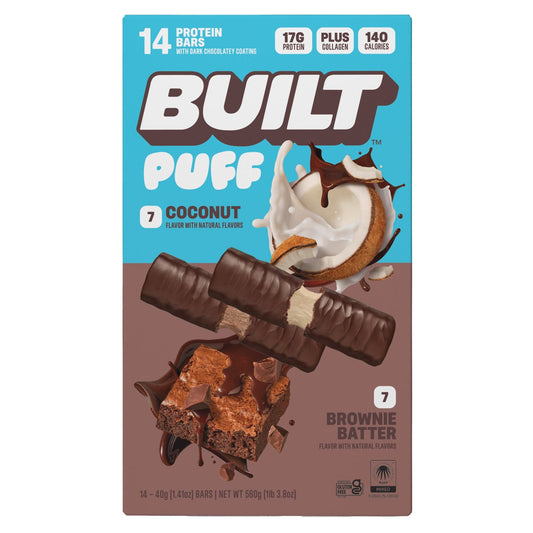 BUILT Puff Protein Bar variety pack with Coconut and Brownie Batter