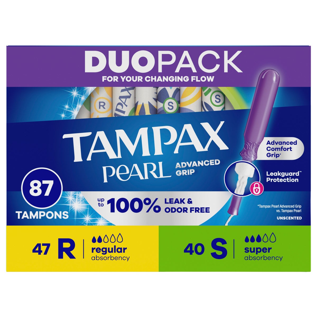 Tampax Pearl Advanced Duopack 87-count package