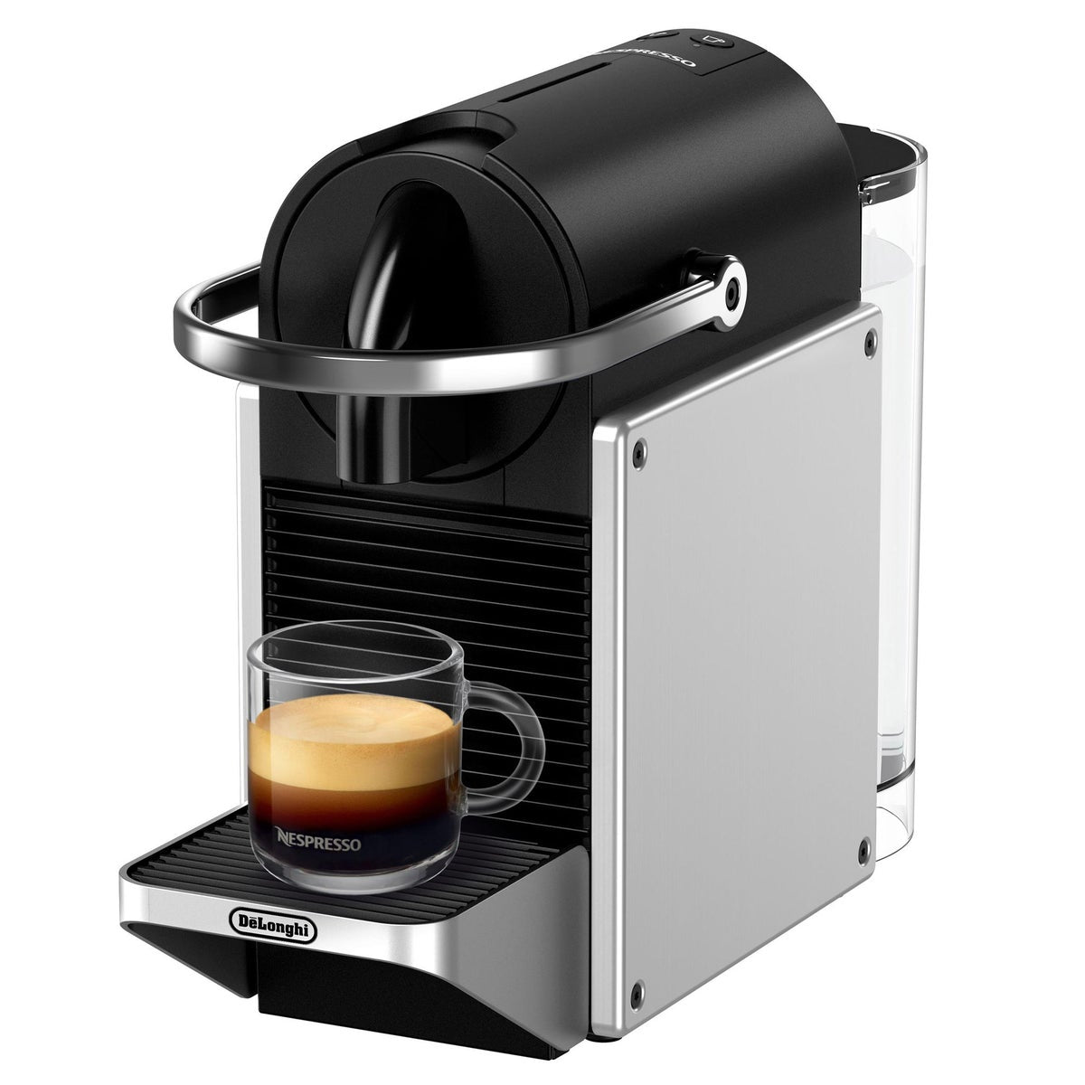 Compact Nespresso Pixie espresso machine with metal sides