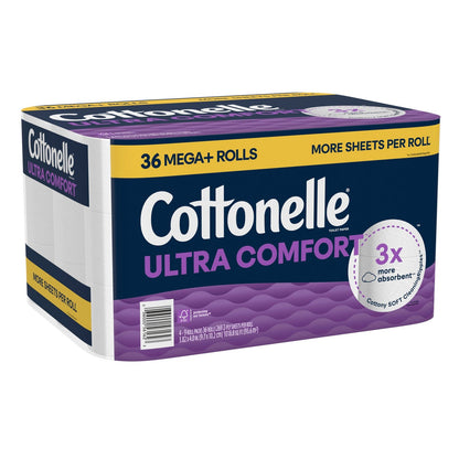 Cottonelle 2-ply bath tissue rolls stacked