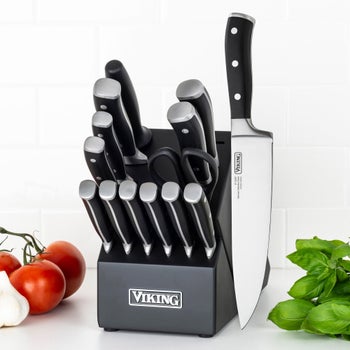 Viking 15-piece German steel knife block set with black rubberwood block