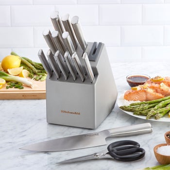 KitchenAid 15-piece Japanese steel knife block set with built-in sharpener