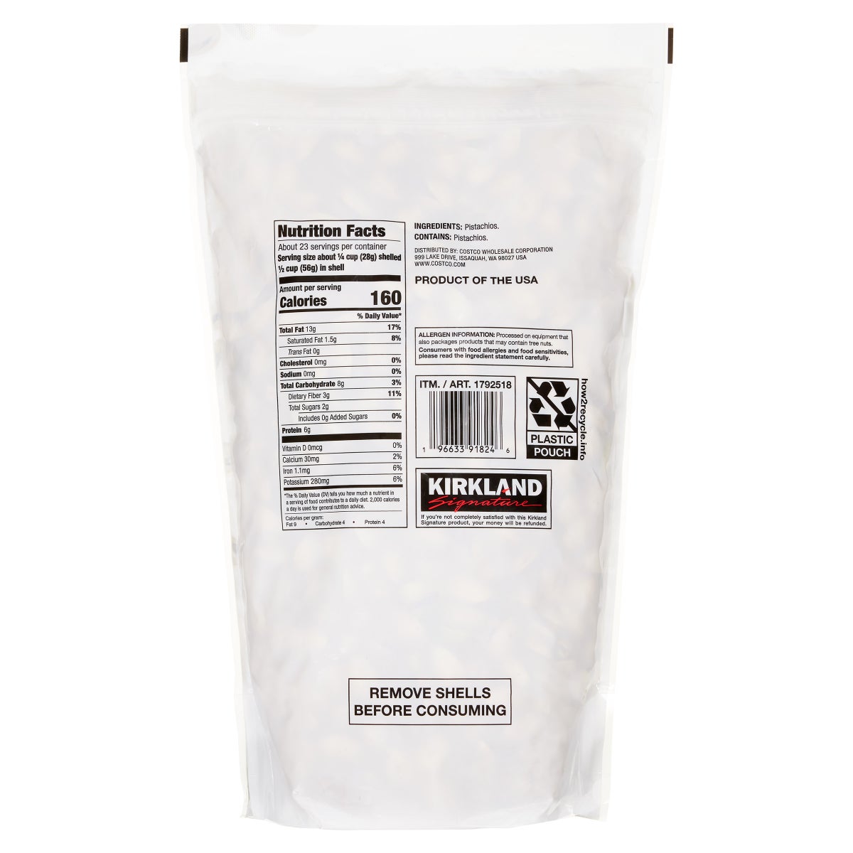 Kirkland Signature roasted pistachios product packaging