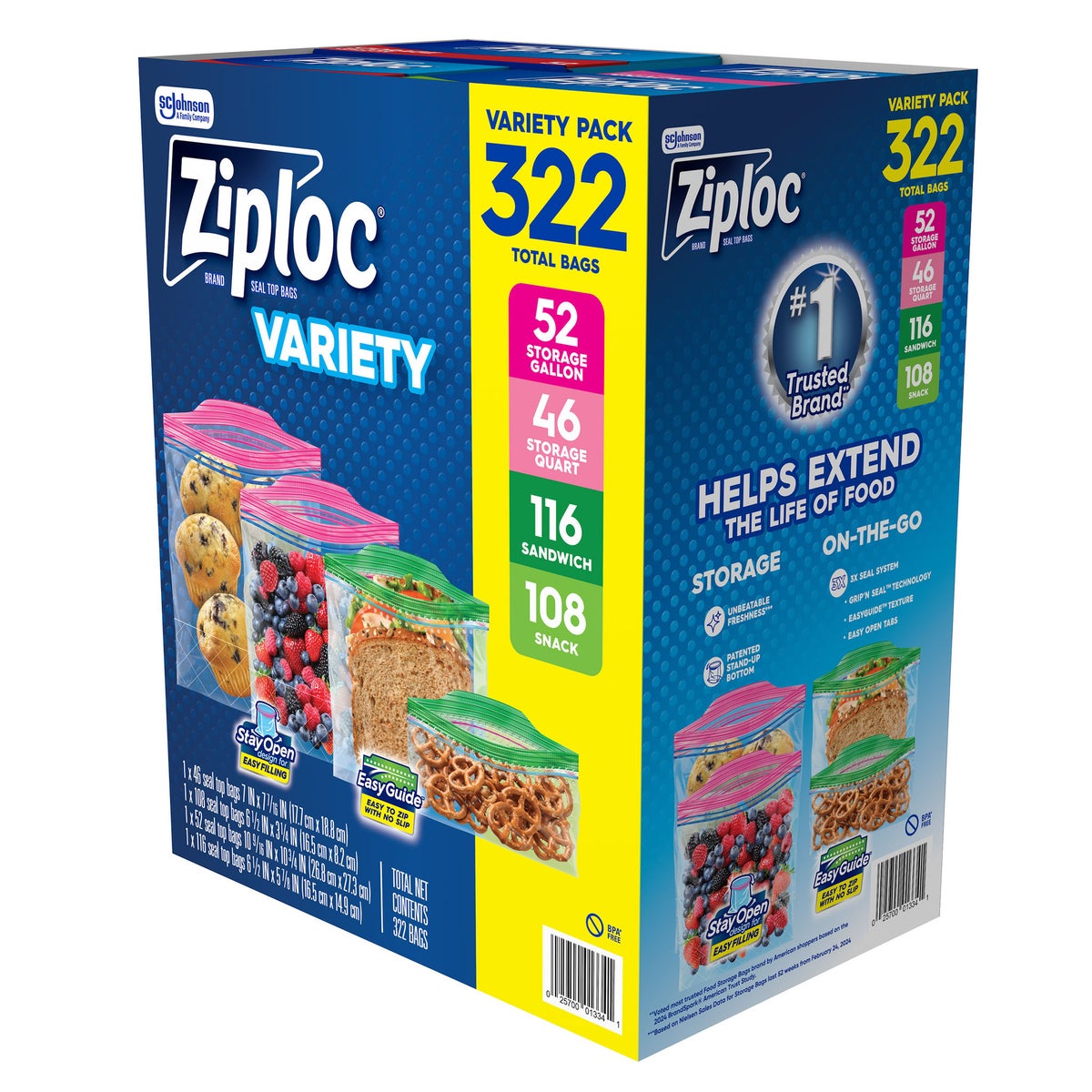 Ziploc seal top bag variety pack 322 count