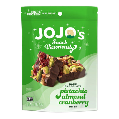 Jojo's dark chocolate pistachio almond cranberry bites bag