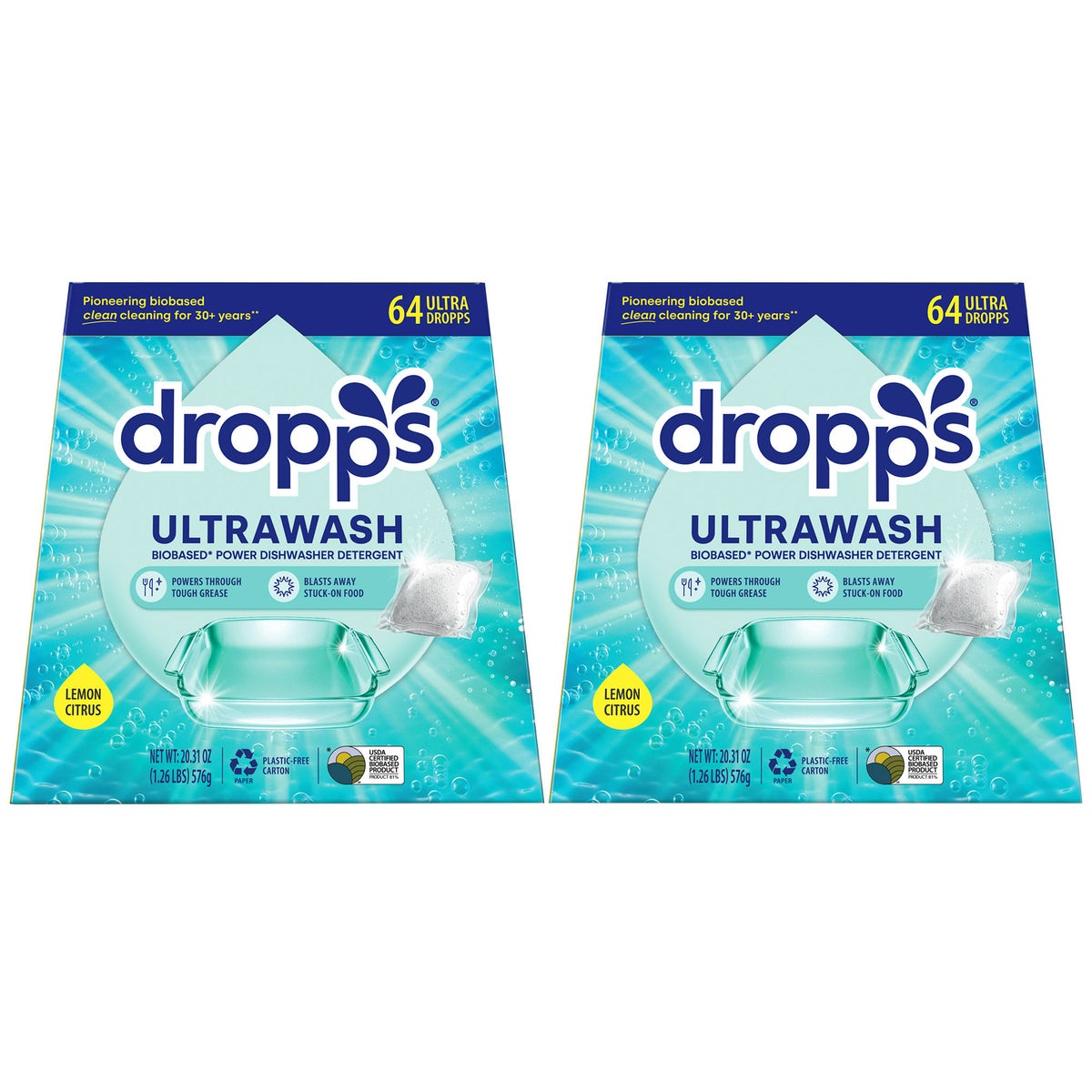 Dropps Ultrawash lemon citrus dishwasher detergent pacs 128 count