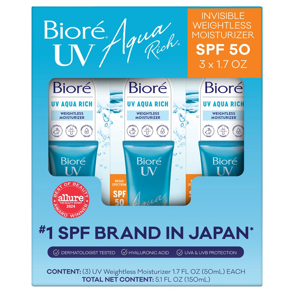 Bioré UV Aqua Rich SPF 50 moisturizer 3-pack