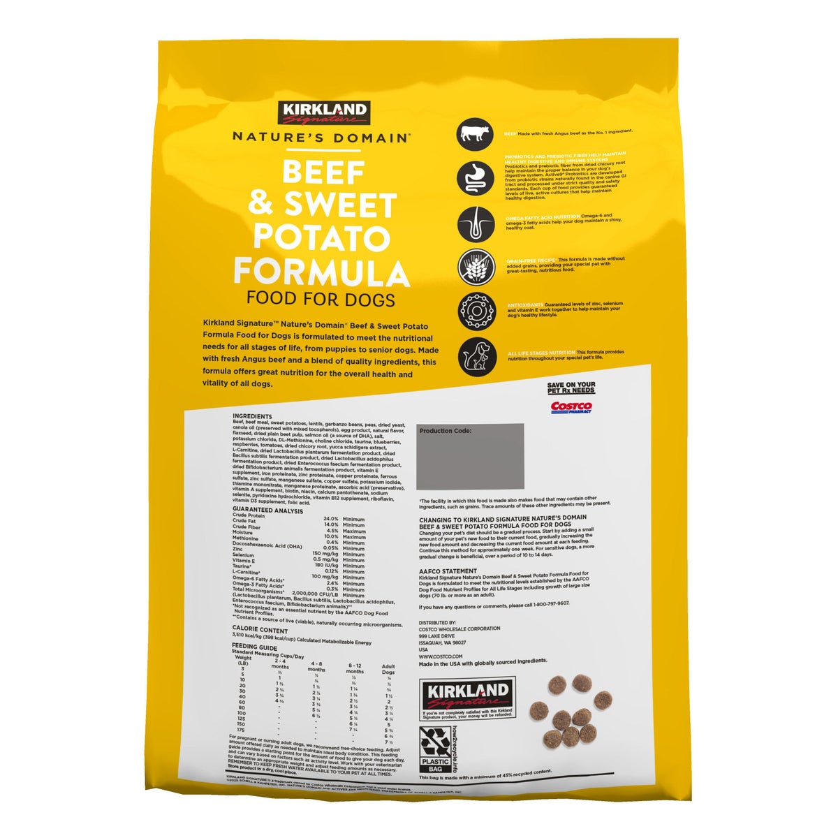 Grain-free Kirkland Signature dry dog food with beef and sweet potato