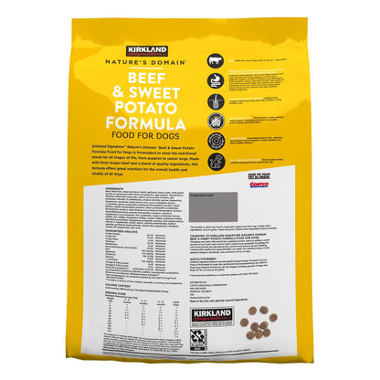 Grain-free Kirkland Signature dry dog food with beef and sweet potato