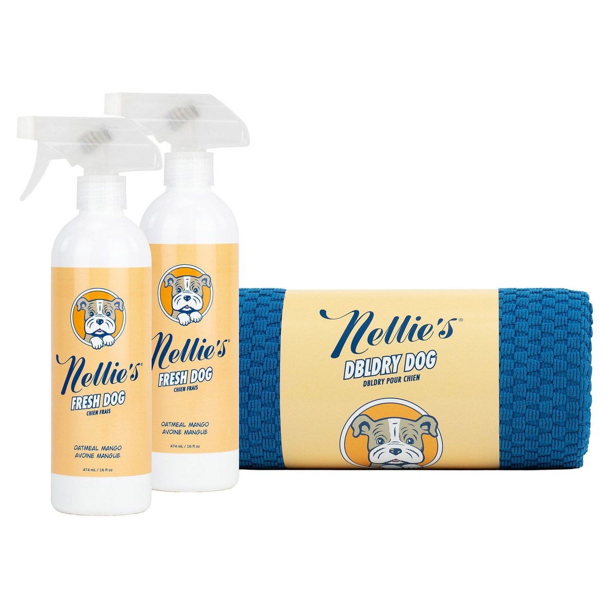 Nellie's dog towel and waterless dog shampoo bundle