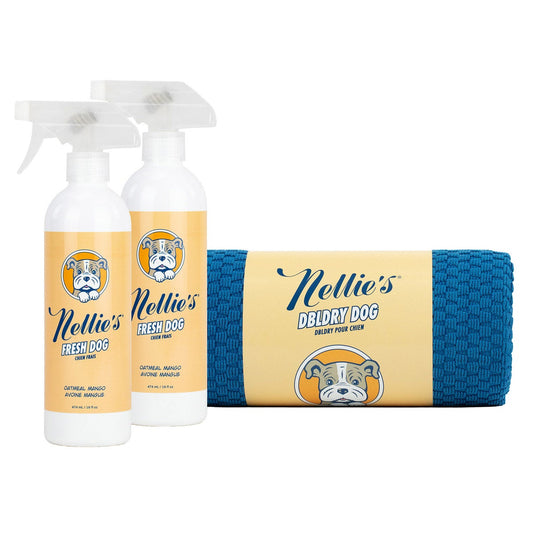 Nellie's dog towel and waterless dog shampoo bundle