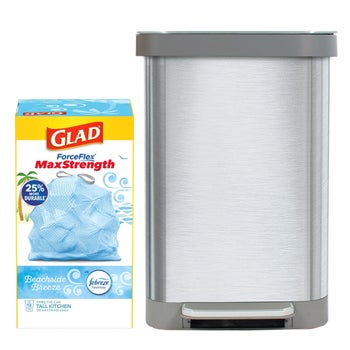 Glad stainless steel 20 gallon trash can and bag bundle