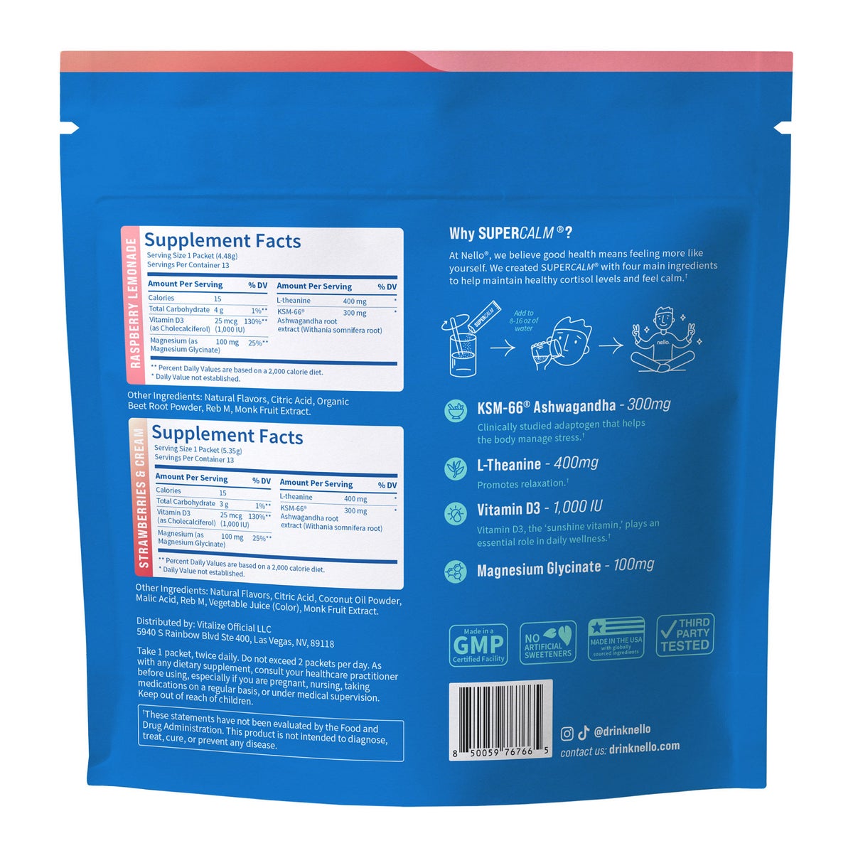 Nello Supercalm Strawberries and Cream drink mix packets