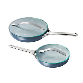 Navy Caraway ceramic fry pans set with glass lids