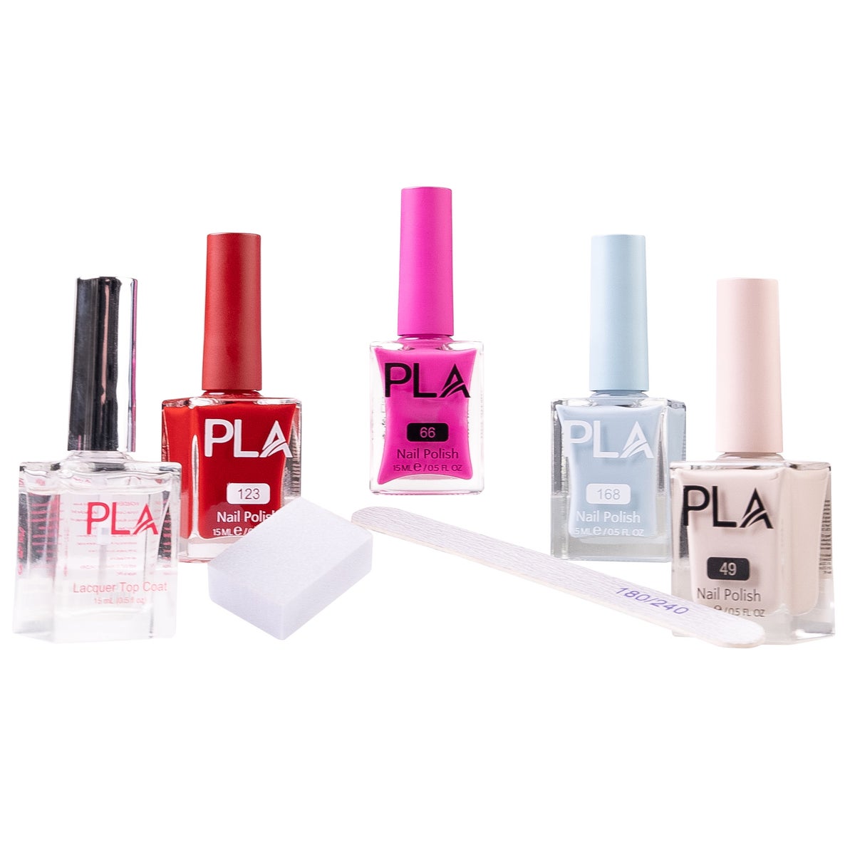 PLA Beauty manicure set with four polishes and topcoat