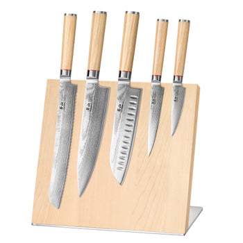 Cangshan Sobu Damascus steel knife block set with tan Pakka finish