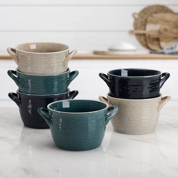 Pfaltzgraff double handle stoneware bowls set in navy teal and beige