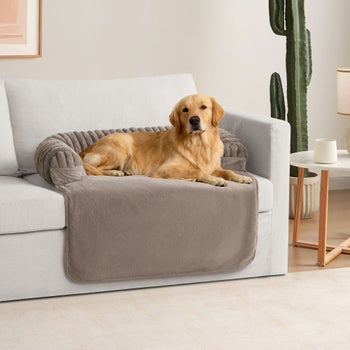 Taupe reversible pet furniture cover with bolster
