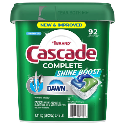 Cascade Complete Shine Boost dishwasher detergent ActionPacs 92 count