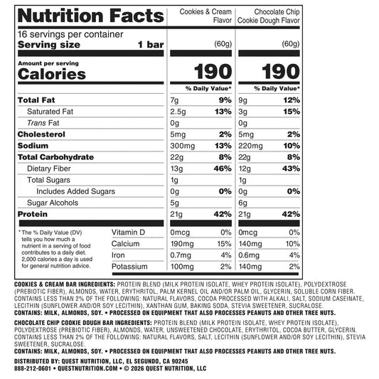 Quest protein bars Chocolate Chip Cookie Dough and Cookies and Cream