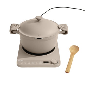 Our Place induction plate and Perfect Pot with Hot Grips in blue