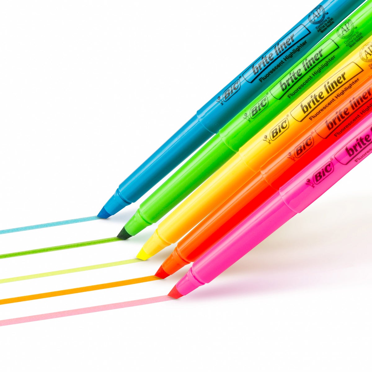 Assorted yellow pink blue green and orange highlighters