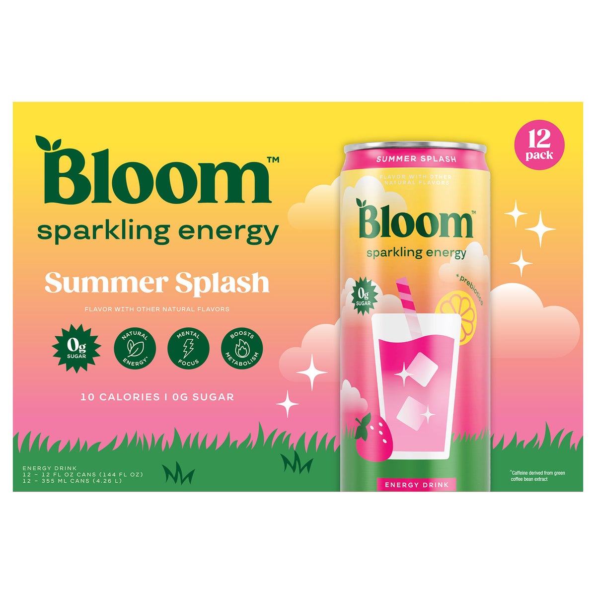 Bloom sparkling energy drink can with Summer Splash flavor
