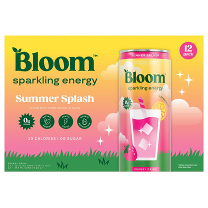 Bloom sparkling energy drink can with Summer Splash flavor