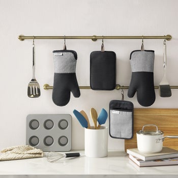 KitchenAid black herringbone oven mitt and potholder set