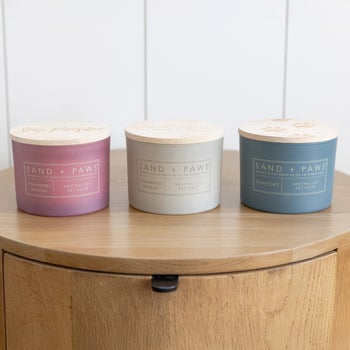 Sand + Paws set of three scented candles with carved wood lids