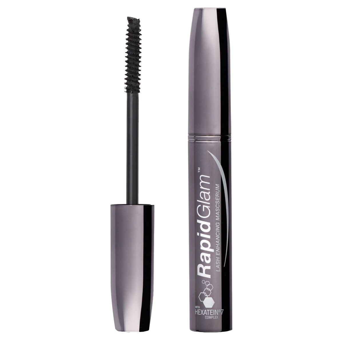 RapidGlam black mascara tube with lash brush