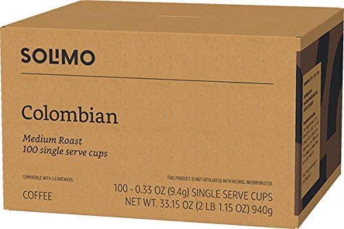 100 count Solimo medium roast Colombian coffee pod pack