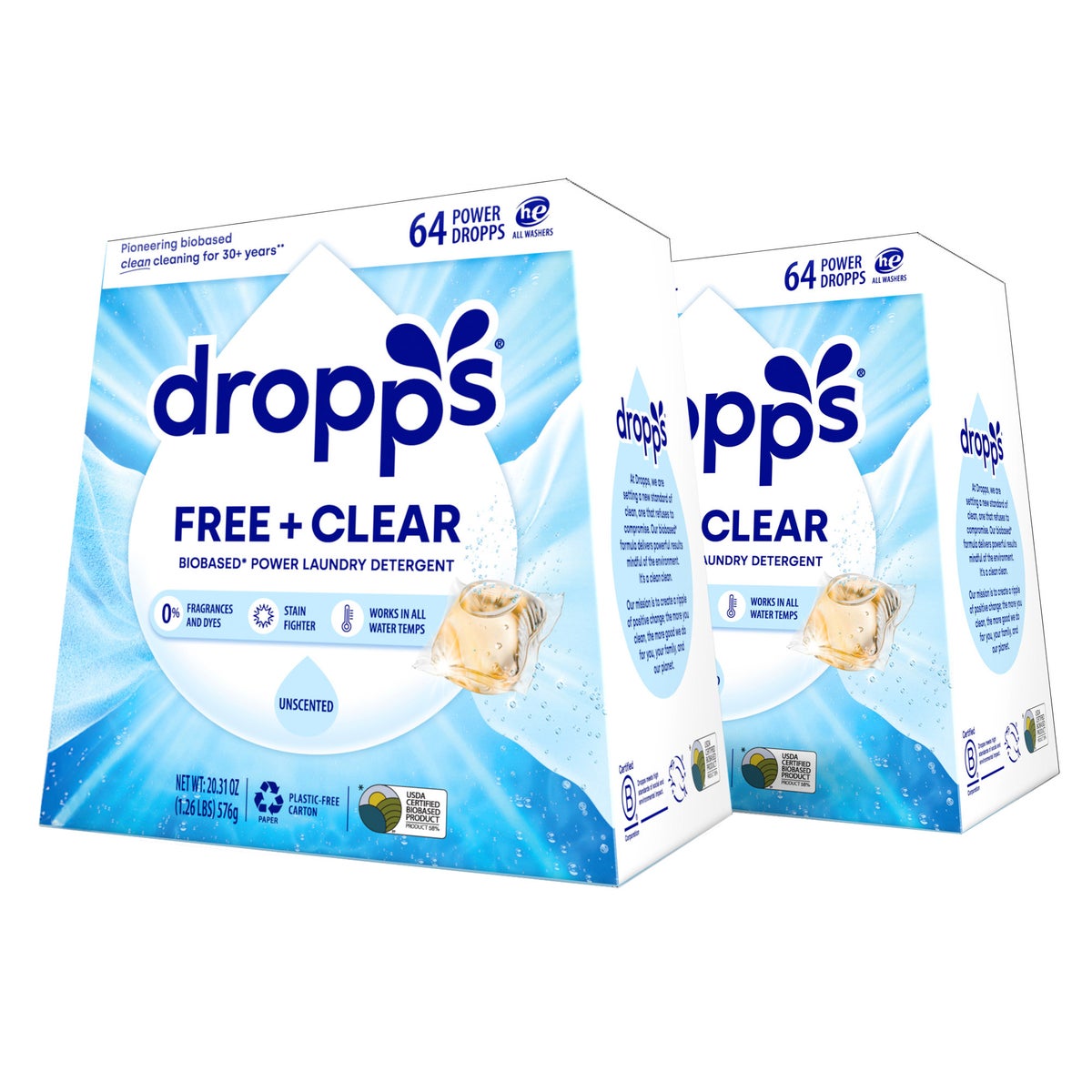 Dropps Free + Clear unscented laundry detergent pacs 128 count