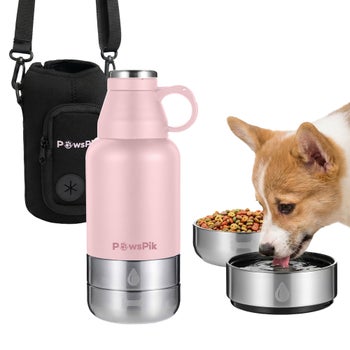 PawsPik pink 3-in-1 dog travel water bottle with bowl