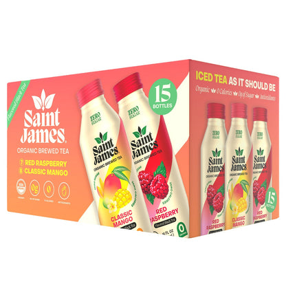 Saint James organic brewed tea variety pack with mango and raspberry