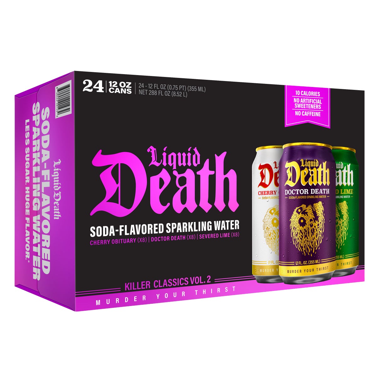 Liquid Death sparkling water variety pack with three flavors