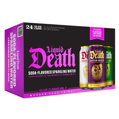 Liquid Death sparkling water variety pack with three flavors