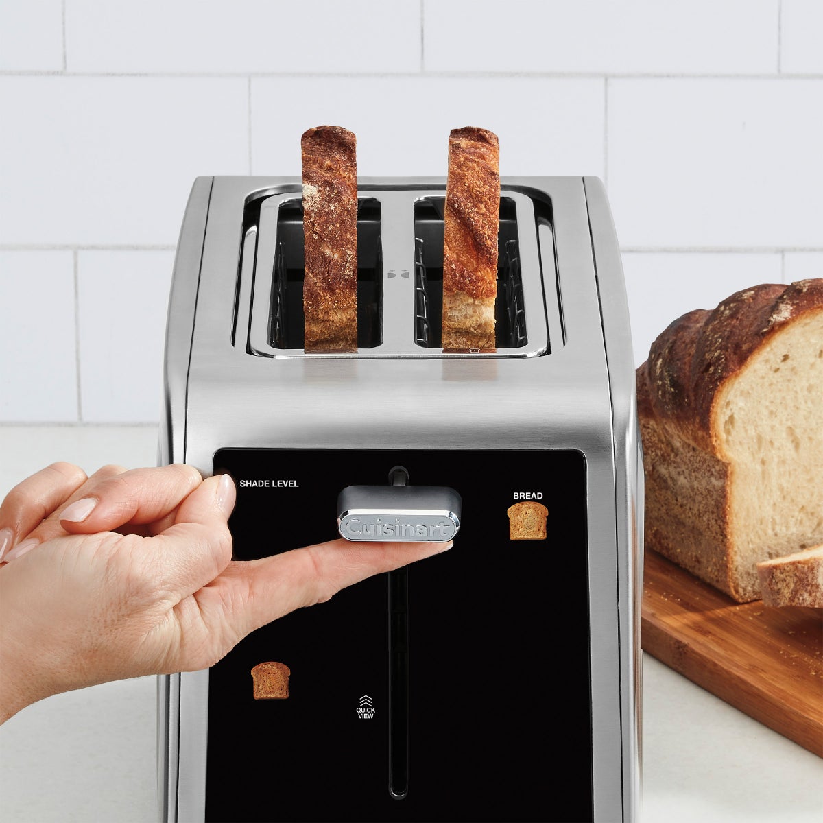 Cuisinart toaster side view with cord storage