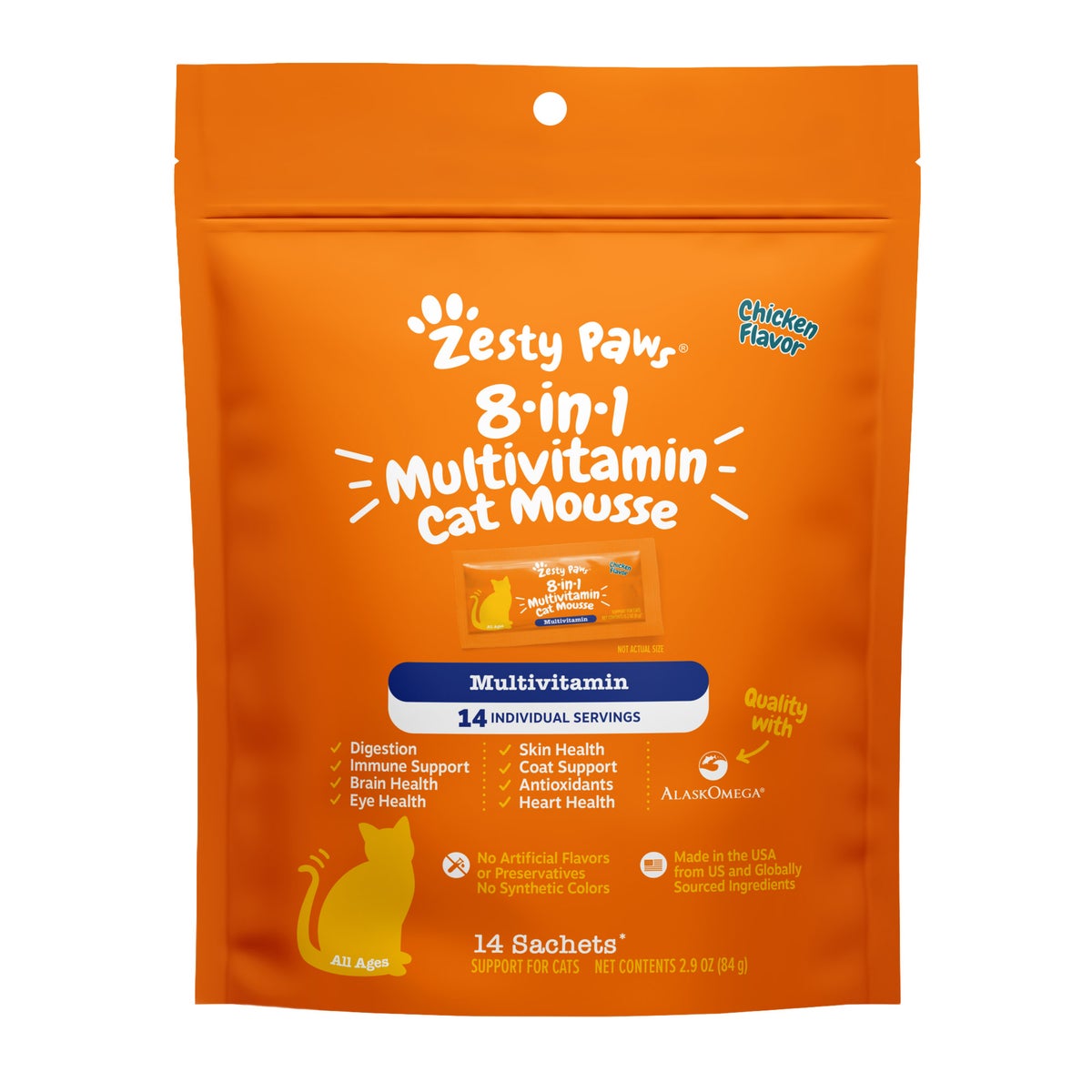 Chicken-flavored cat supplement sachets by Zesty Paws