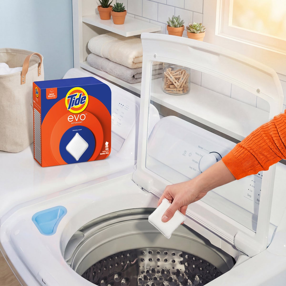 Tide Evo 66-count laundry detergent tiles package