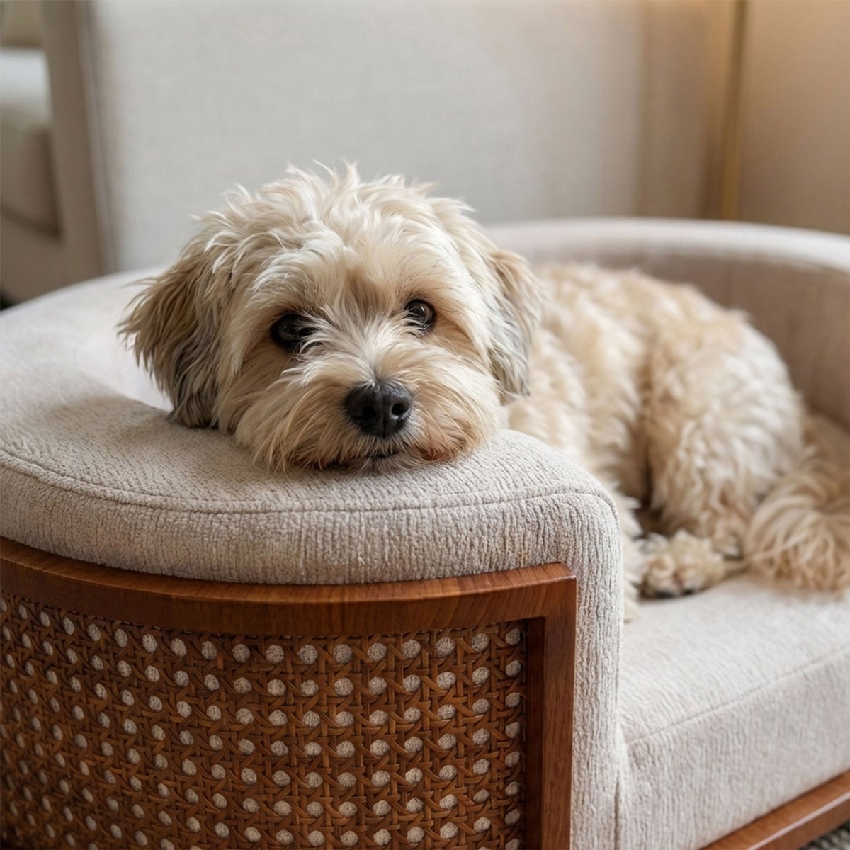 Modern elevated pet bed with woven rattan detailing