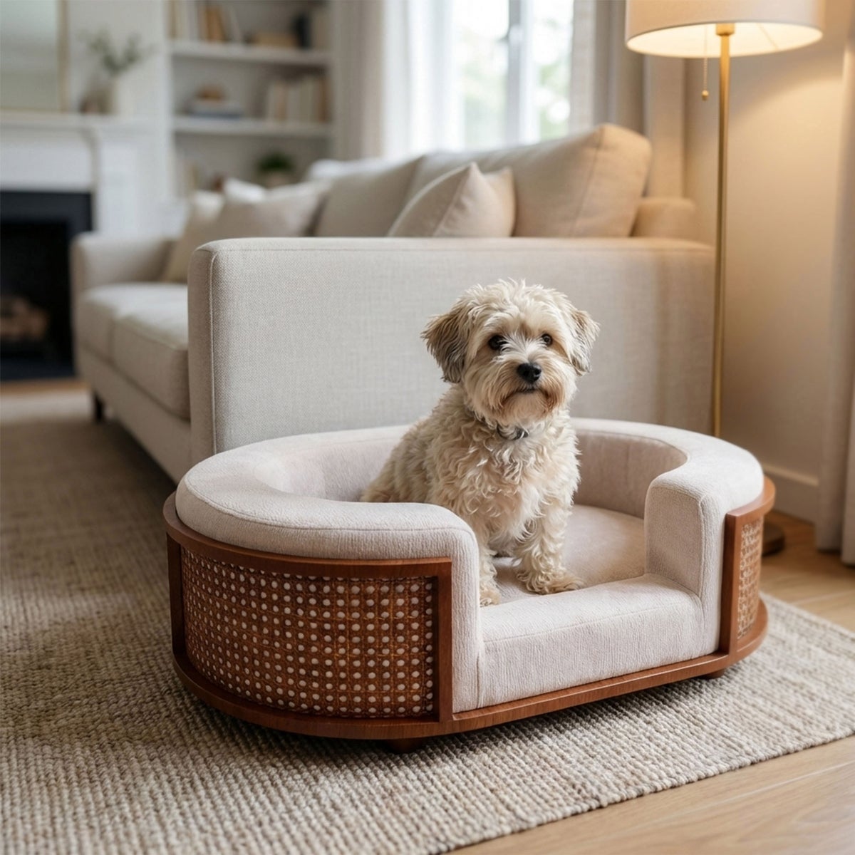 Soft cushioned pet bed with supportive seating area
