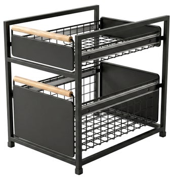 Mesa black 2-tier organizer with sliding drawers and wood handles