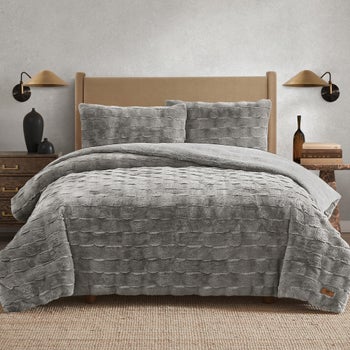 FRYE gray faux fur king comforter set with shams
