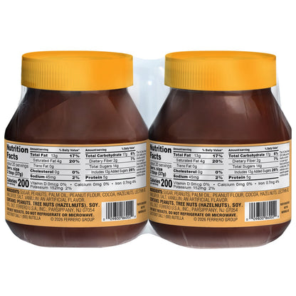 Two jars of Nutella peanut spread with cocoa