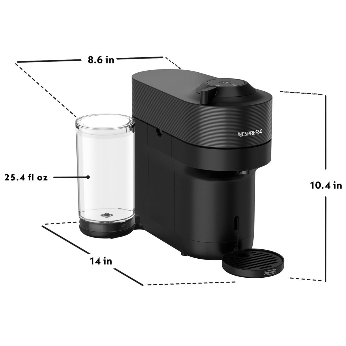 Side view of Vertuo Pop+ with removable water tank