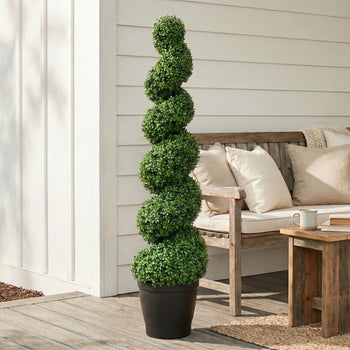 Nearly Natural 5 foot UV resistant spiral boxwood topiary tree with planter