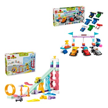 LEGO DUPLO Race Ramp and F1 race cars toddler toy bundle